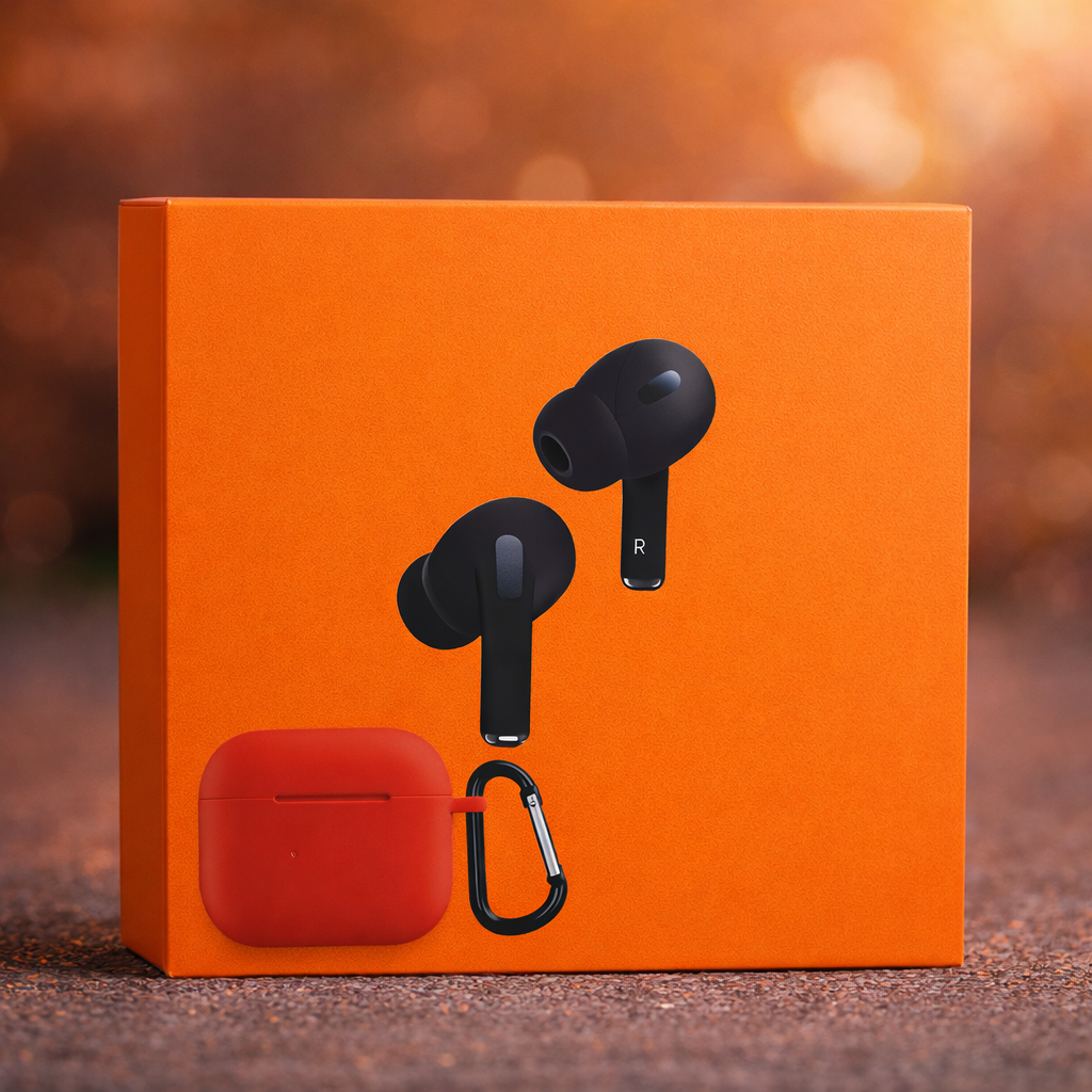 Pro 2 wireless Earbuds with orange protective silicone case
