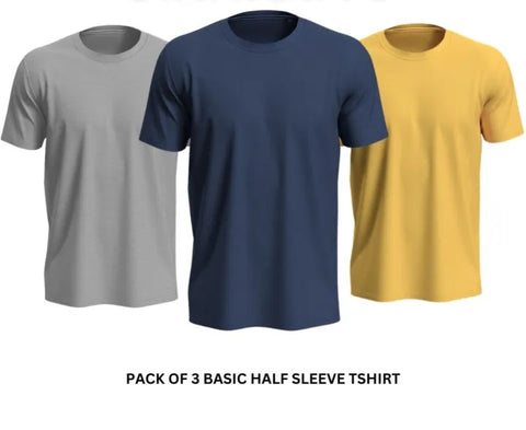 Pack of 3 Premium Half Sleeves Round Neck Plain Color T-Shirts Grey Navy Blue Yelow
