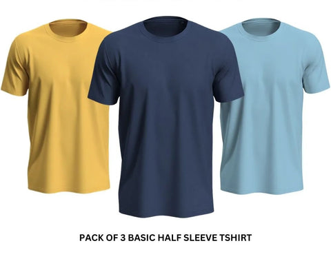 Pack of 3 Premium Half Sleeves Round Neck Plain Color T-Shirts Yellow Navy Blue Sky Blue