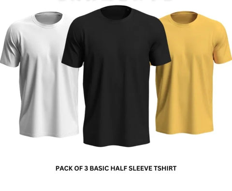Pack of 3 Premium Half Sleeves Round Neck Plain Color T-Shirts Black White Yellow