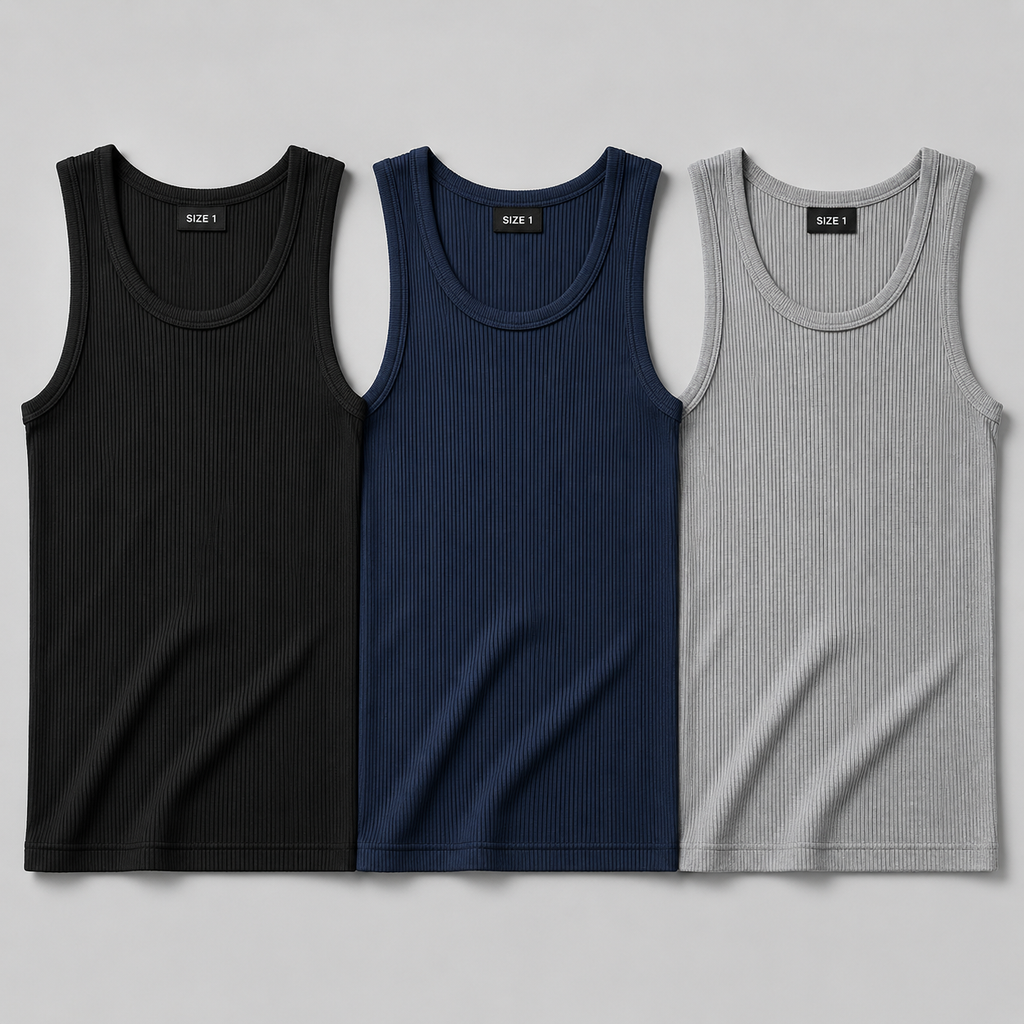 Black Blue Grey Ribbed Vest pack of 3