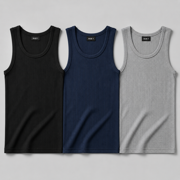 Black Blue Grey Ribbed Vest pack of 3