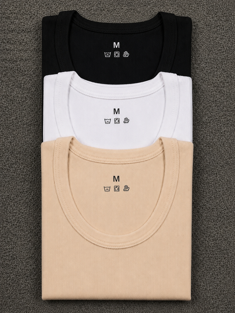 Black White Skin Ribbed Vest Pack of 3