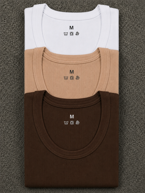 White Skin Brown Ribbed Vest Pack of 3