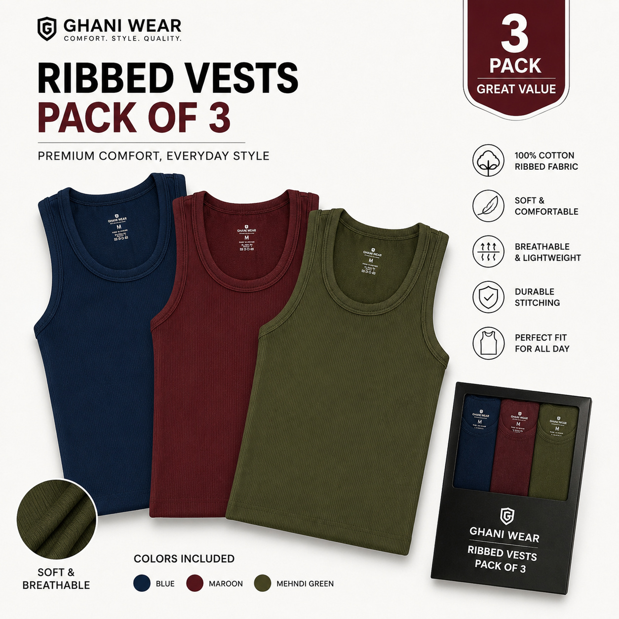 Pack of 3 Blue Maroon Army Green Color
