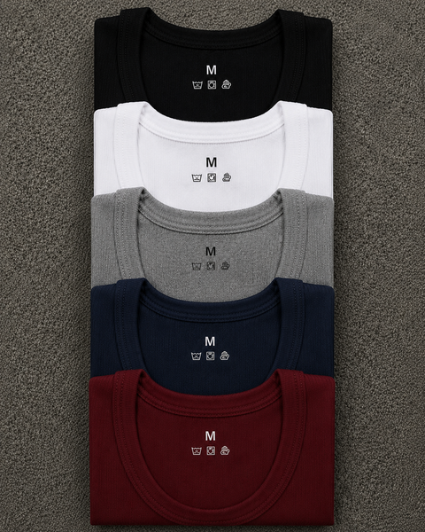 Pack of 5 Ribbed Vest Black White Grey Royal Blue Maroon
