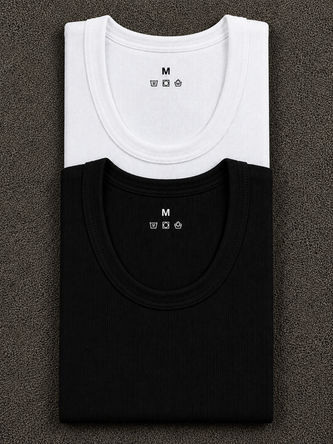 Black and White Ribbed Vest Pack of 2