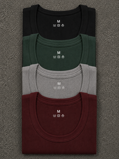 Ribbed Vest Pack of 4 Black Green Grey Maroon