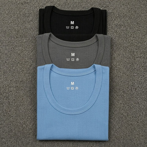 Black Grey Sky Blue Ribbed Vest Pack of 3
