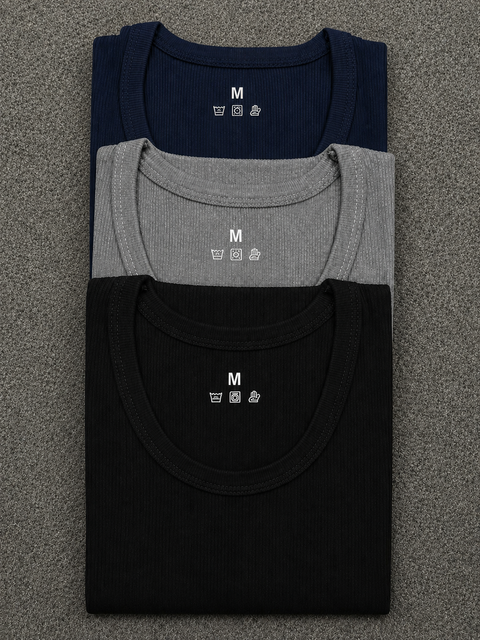Black Navy Blue Grey Ribbed Vest pack of 3