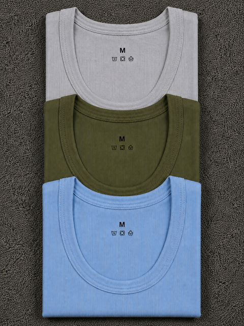 Grey Olive Green Sky Blue Ribbed  Vest Pack of 3