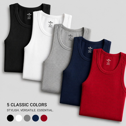 Cotton Comfort Ribbed Tank Top Pack of 5 Black White Grey Blue Red