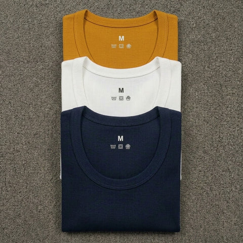 Mustard White Navy Blue Ribbed Vest pack of 3