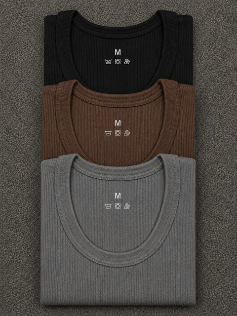 Black Brown Grey Ribbed Vest Pack 3