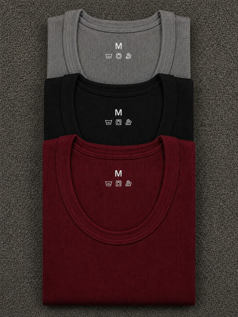 Grey Black Maroon Ribbed Vest Pack of 3